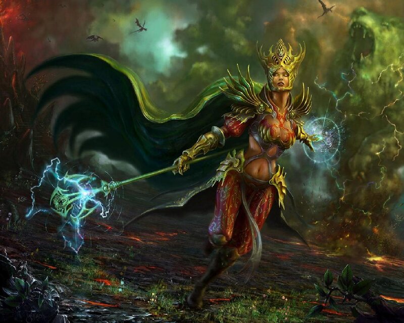 Female Warrior with Staff — Green, Dramatic, Digital Art
