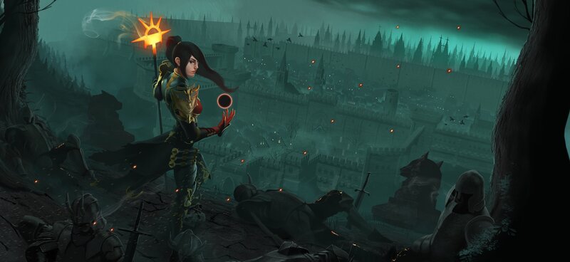Female Warrior with Staff — Green, Dramatic, Night, Digital Art, Castle