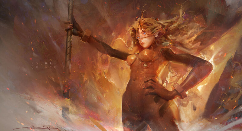 Female Warrior with Staff — Orange, Dramatic, Digital Art, Fire