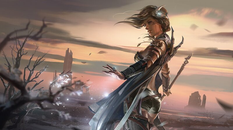 Female Warrior with Staff — Orange, Dramatic, Sunset, Digital Art