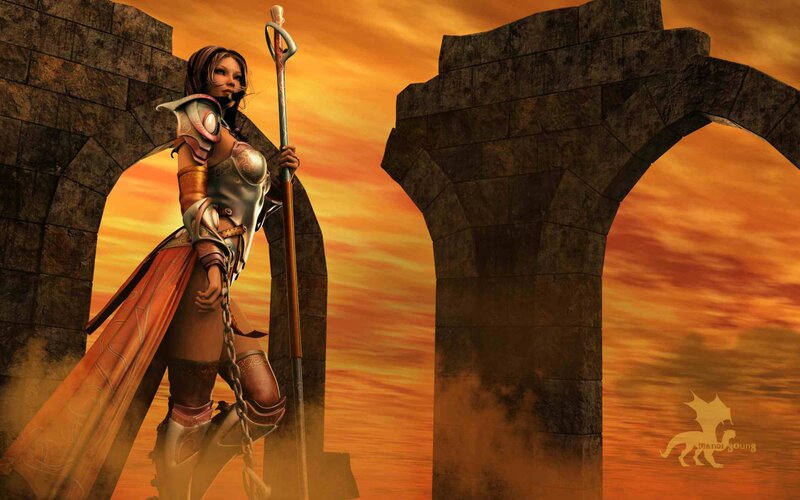 Female Warrior with Staff — Orange