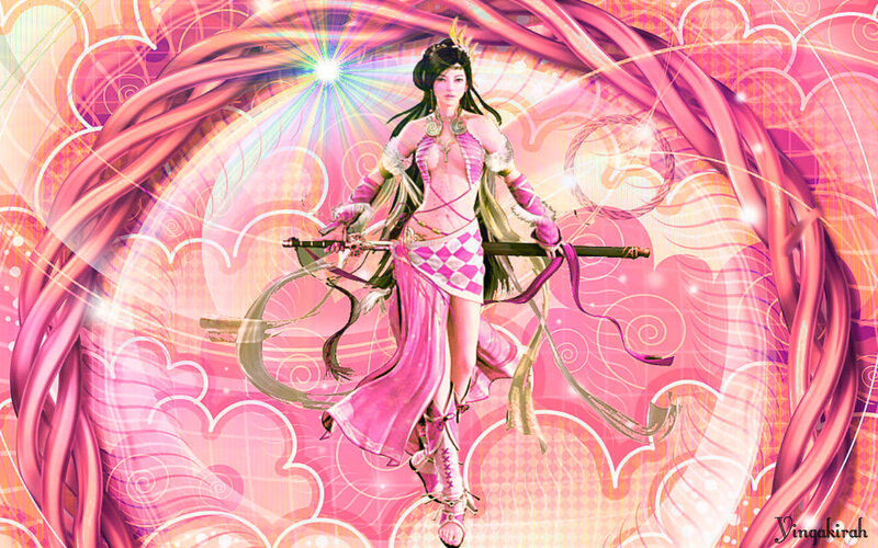 Female Warrior with Staff — Pink, Dramatic, Digital Art, Pink Ribbons
