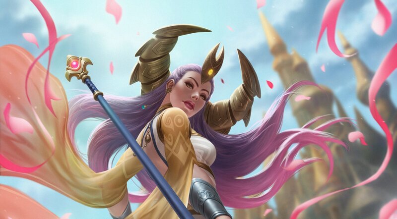 Female Warrior with Staff — Purple, Dramatic, Digital Art, Armor