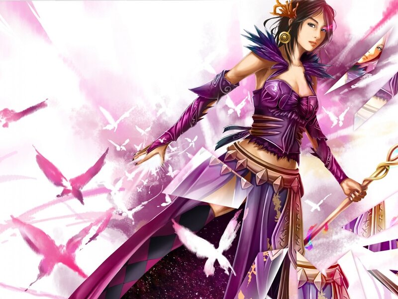 Female Warrior with Staff — Purple, Dramatic, Digital Art, Birds