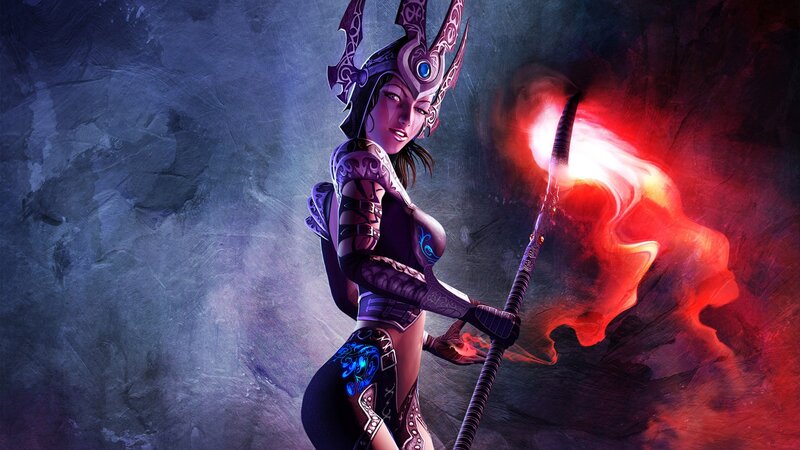 Female Warrior with Staff — Purple, Dramatic, Digital Art, Flame