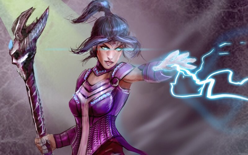 Female Warrior with Staff — Purple, Dramatic, Digital Art, Lightning