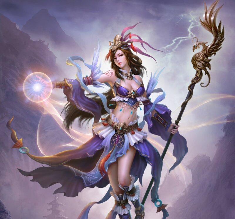 Female Warrior with Staff — Purple, Dramatic, Digital Art, Magic Ball