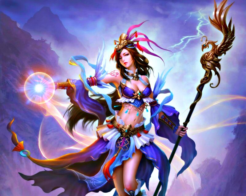 Female Warrior with Staff — Purple, Dramatic, Digital Art, Magic Sphere