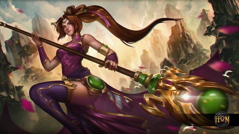 Female Warrior with Staff — Purple, Dramatic, Digital Art, Mountains