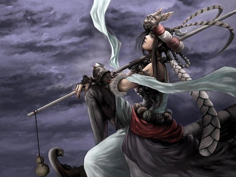 Female Warrior with Staff — Purple, Dramatic, Digital Art, Sacred Sword