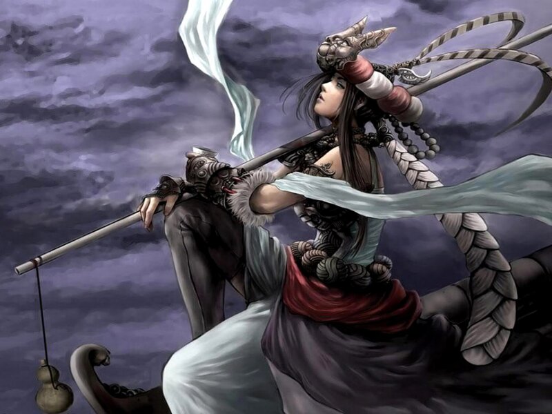 Female Warrior with Staff — Purple, Dramatic, Digital Art, Sash