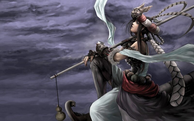 Female Warrior with Staff — Purple, Dramatic, Digital Art, Silk Ribbon