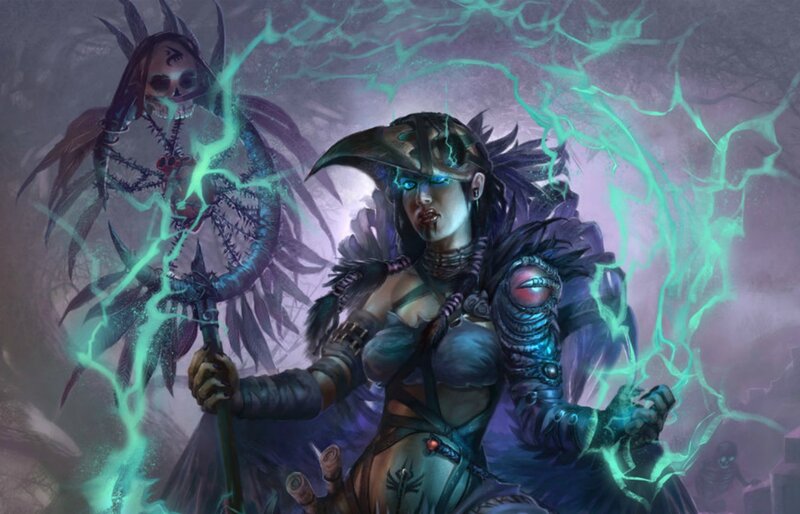 Female Warrior with Staff — Purple, Dramatic, Digital Art, Skull