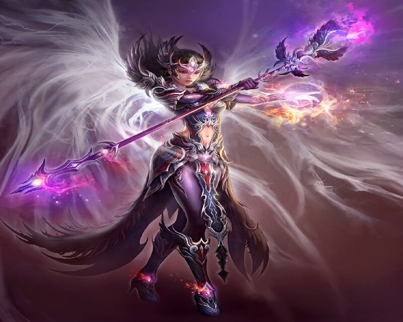 Female Warrior with Staff — Purple, Dramatic, Digital Art, Wings