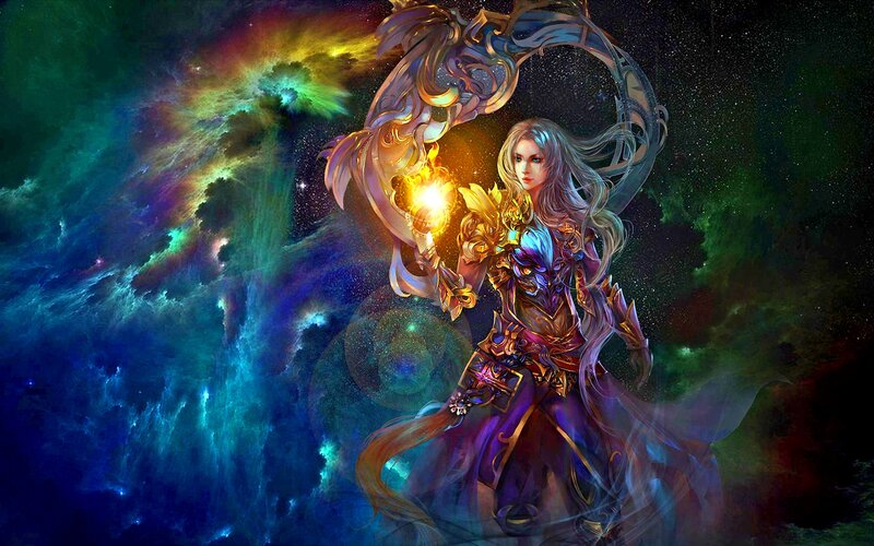 Female Warrior with Staff — Purple, Dramatic, Night, Digital Art, Armor, Nebula
