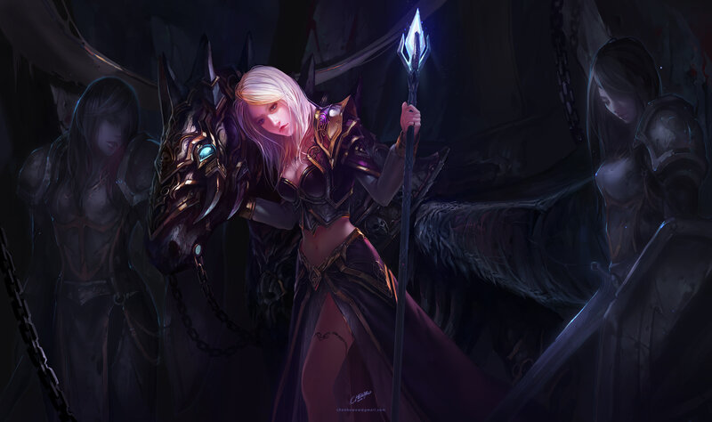 Female Warrior with Staff — Purple, Dramatic, Night, Digital Art, Armor