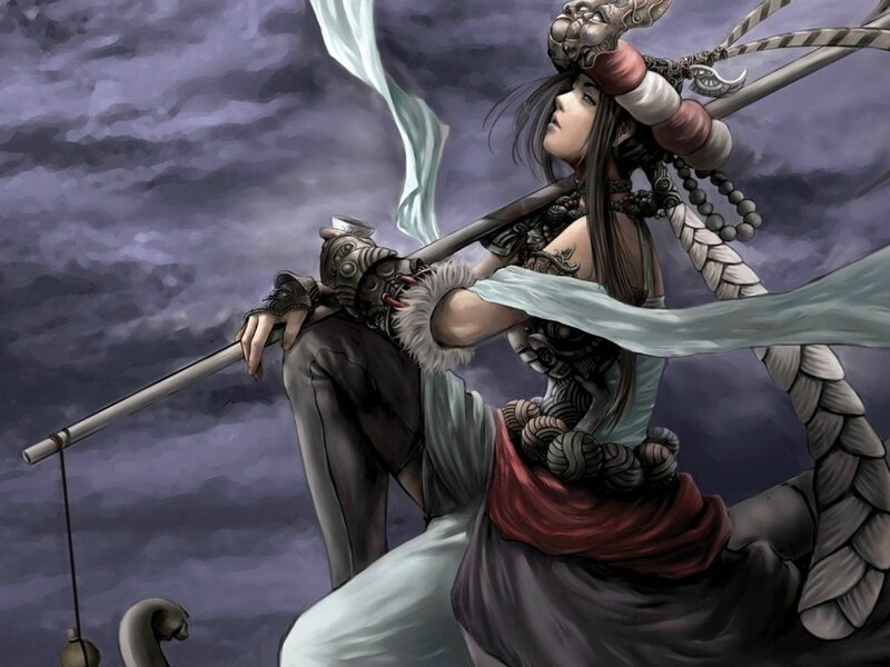 Female Warrior with Staff — Purple, Dramatic, Night, Digital Art, Beads
