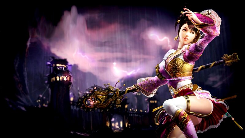 Female Warrior with Staff — Purple, Dramatic, Night, Digital Art, Castle, Lightning