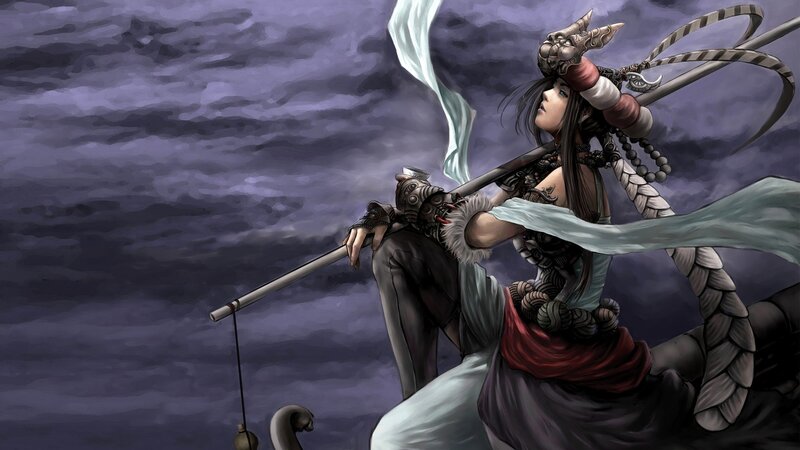 Female Warrior with Staff — Purple, Dramatic, Night, Digital Art, Helmet