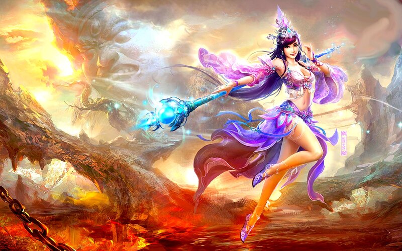 Female Warrior with Staff — Purple, Dramatic, Sunset