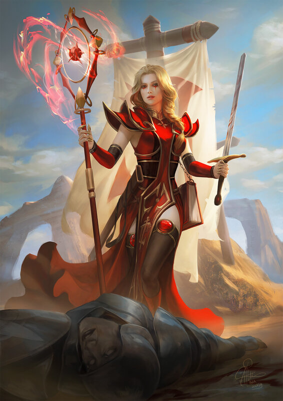 Female Warrior with Staff — Red, Dramatic, Afternoon