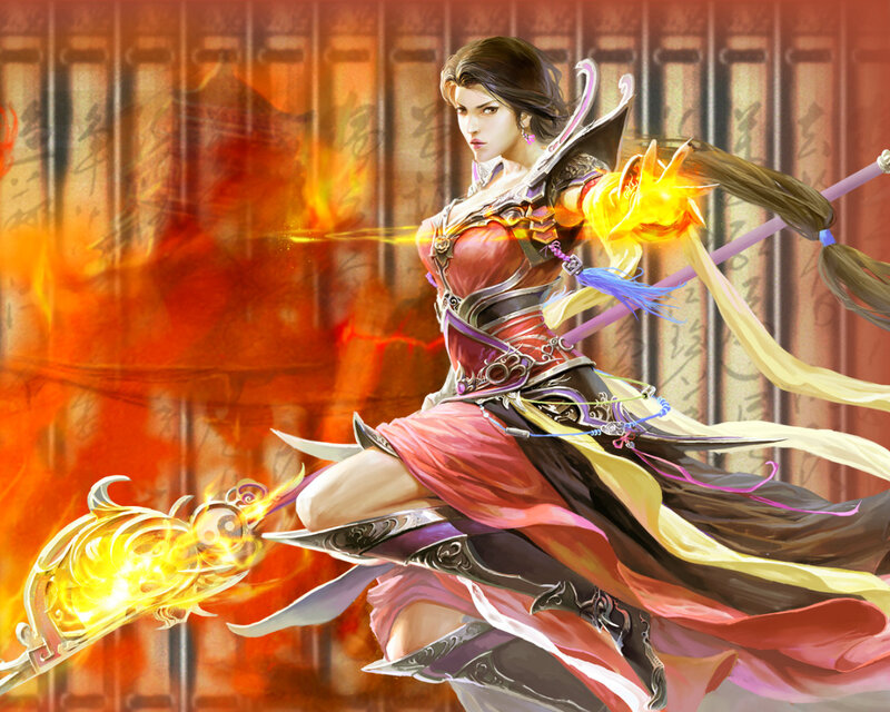 Female Warrior with Staff — Red, Dramatic, Digital Art, Fire