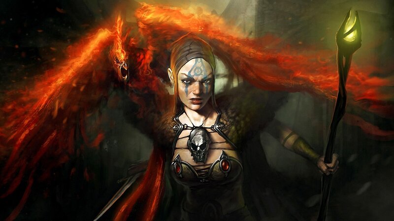 Female Warrior with Staff — Red, Dramatic, Digital Art, Flame Wings, Skull Pendant