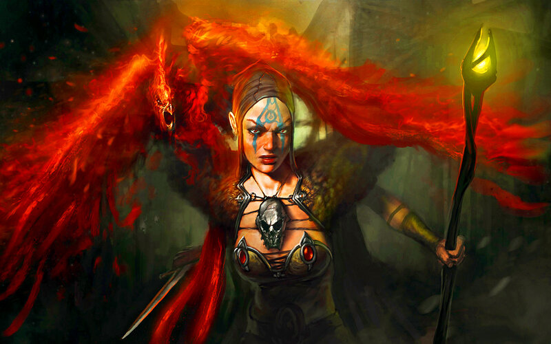 Female Warrior with Staff — Red, Dramatic, Digital Art, Flame Wings