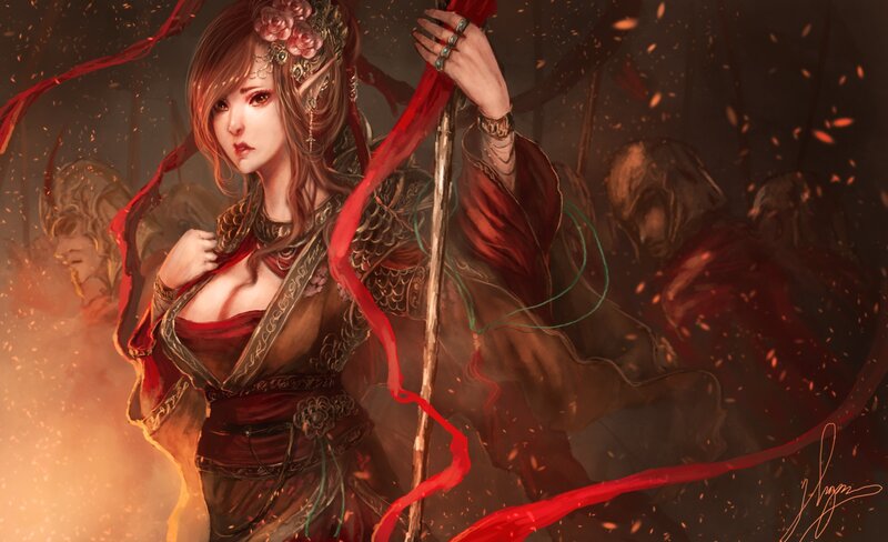 Female Warrior with Staff — Red, Dramatic, Digital Art, Red Ribbons