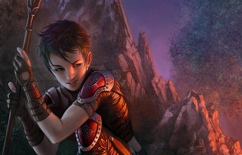 Female Warrior with Staff — Red, Dramatic, Night