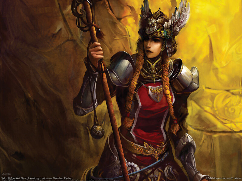 Female Warrior with Staff — Red, Dramatic