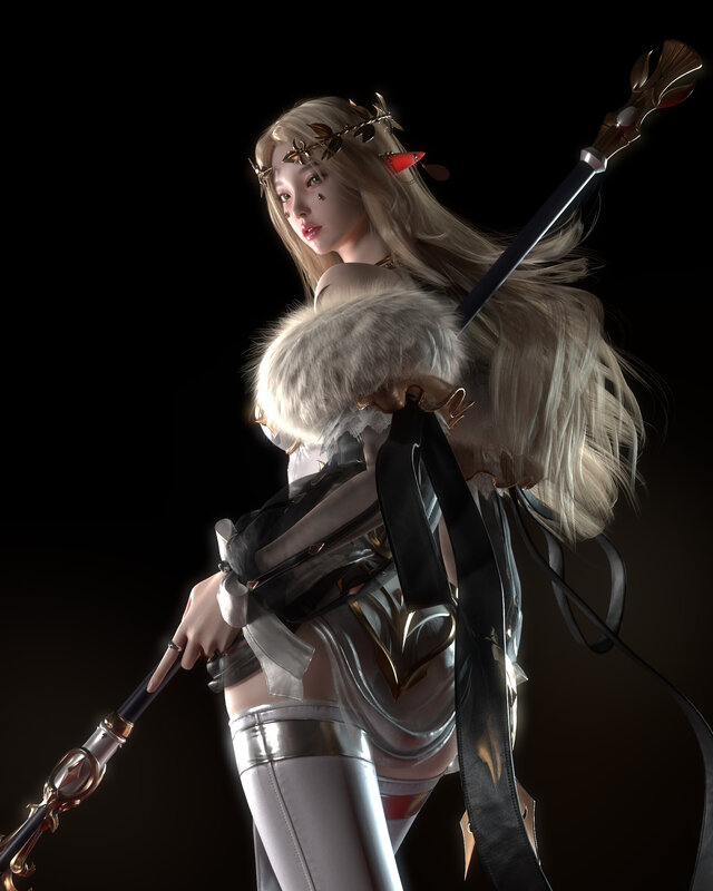 Female Warrior with Staff — White, Dramatic, 3d Render