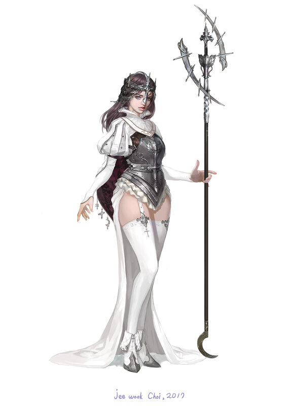 Female Warrior with Staff — White, Dramatic, Digital Art, Armor