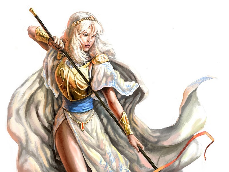 Female Warrior with Staff — White, Dramatic, Digital Art