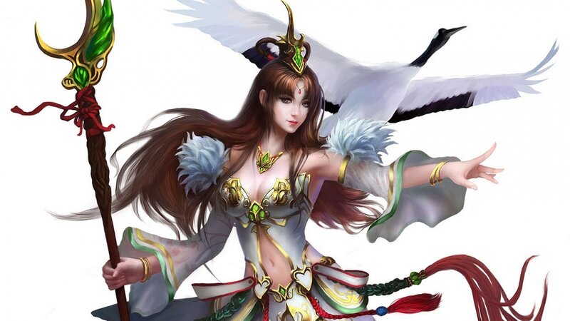 Female Warrior with Staff — White, Dramatic