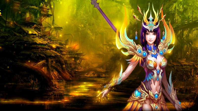 Female Warrior with Staff — Yellow, Dramatic