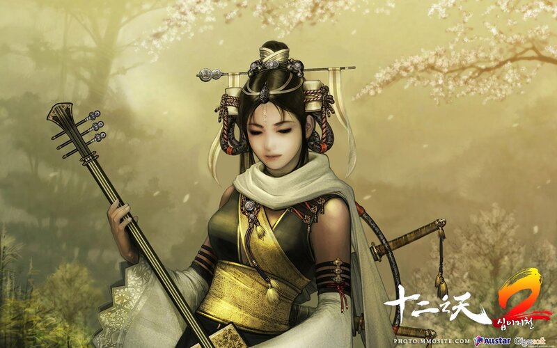 female warrior with string instrument