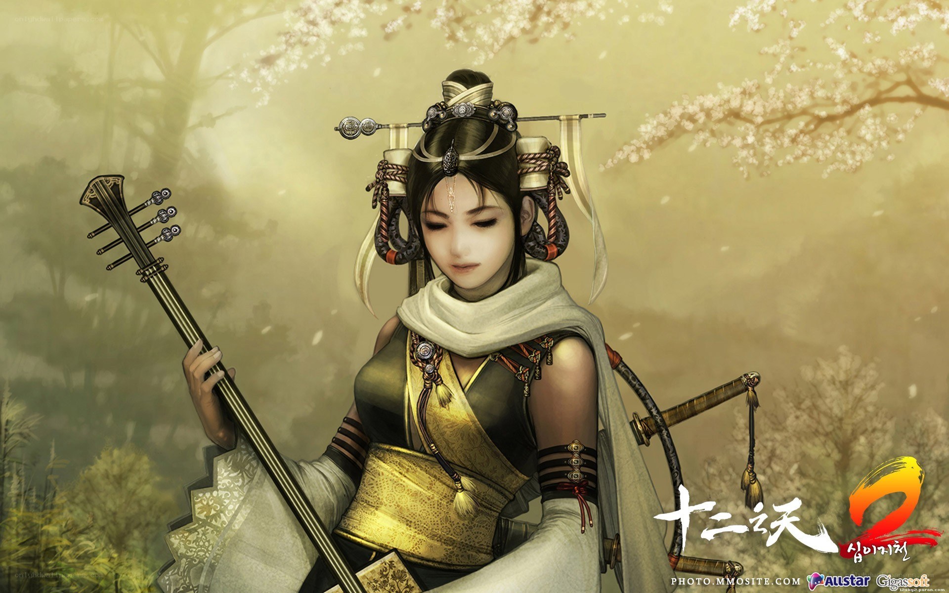 female warrior with string instrument