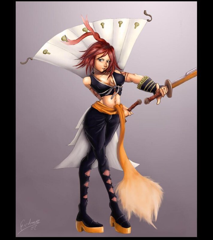 female warrior with sword and fan