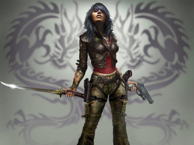 female warrior with sword and gun