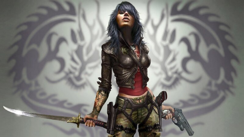 female warrior with sword and gun
