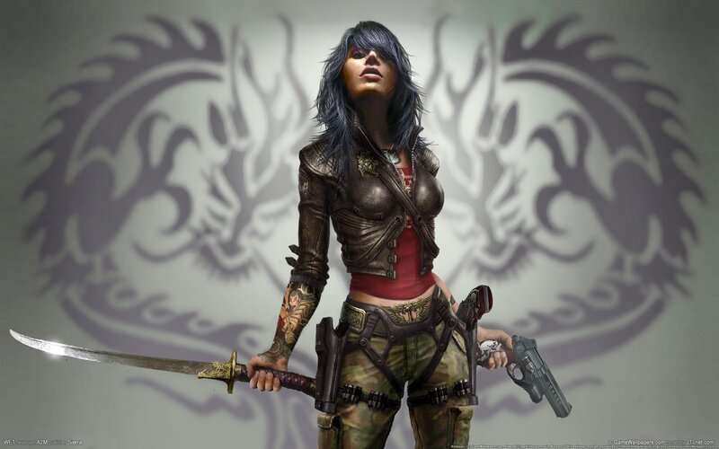 female warrior with sword and gun