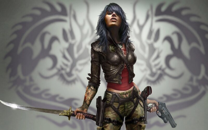 female warrior with sword and gun