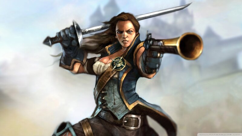 female warrior with sword and gun