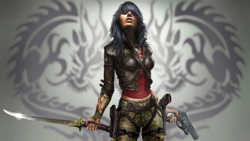 female warrior with sword and gun
