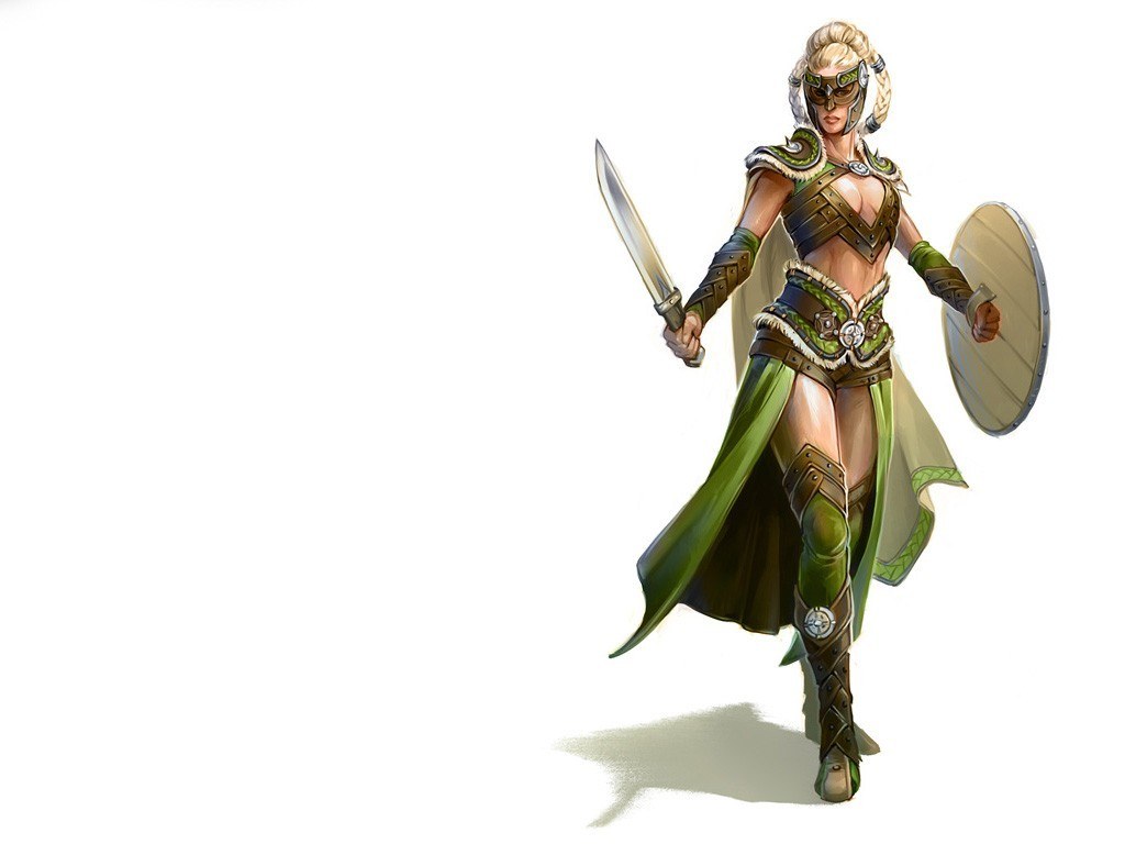female warrior with sword and shield