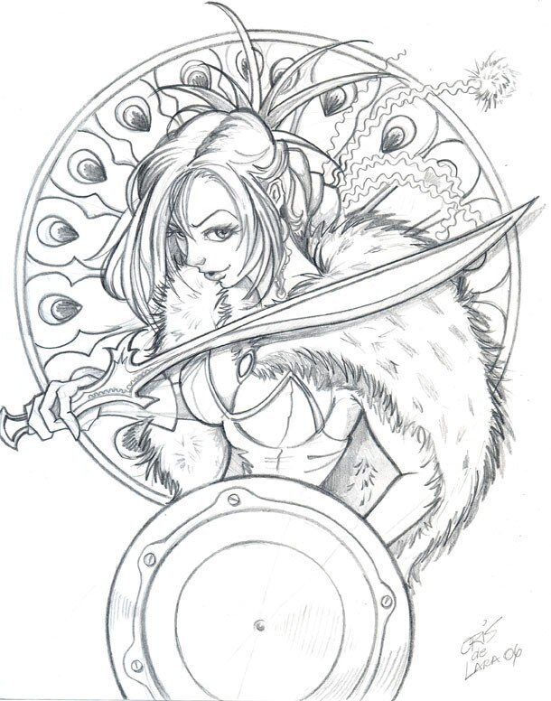 female warrior with sword and shield