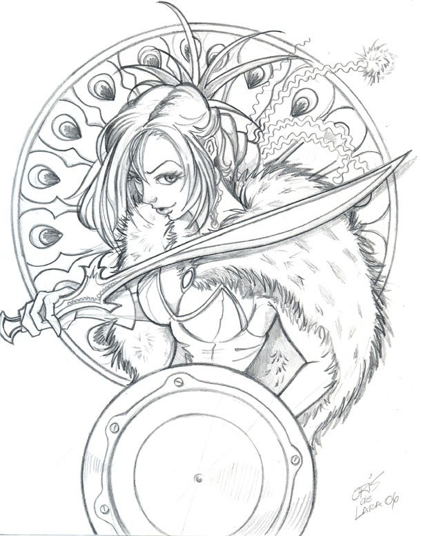 female warrior with sword and shield
