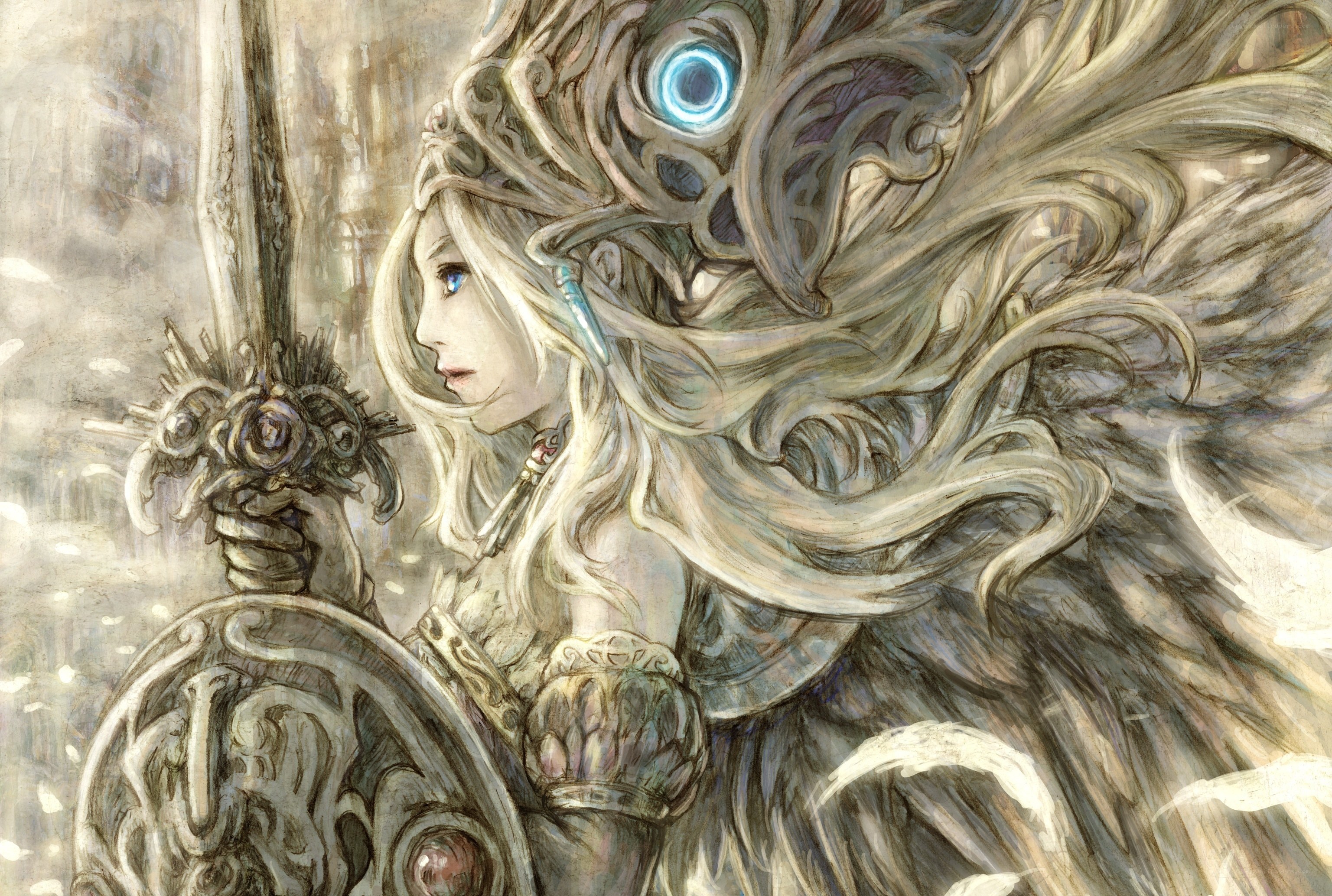 female warrior with sword and shield