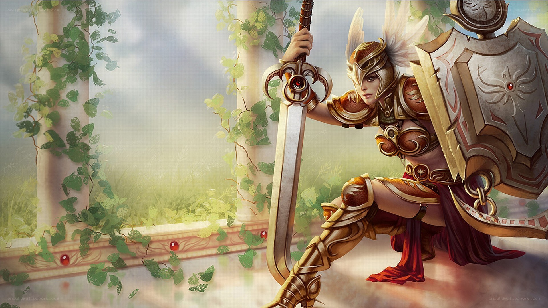 female warrior with sword and shield